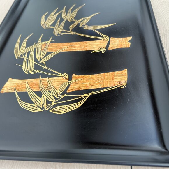 Vintage Couroc Monterey MCM Inlaid Brass Teak Wood Bamboo Rectangle Serving Tray - Picture 7 of 16